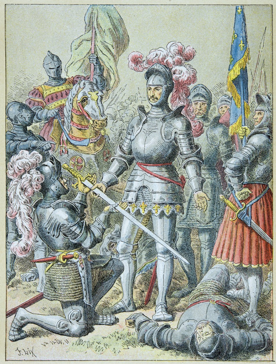 パヴィアの戦い。敗れたフランソワ1世は、1525年に騎士のシャルル・ド・ラノワに槍を譲った。 作： フレデリック・セオドア・リックス