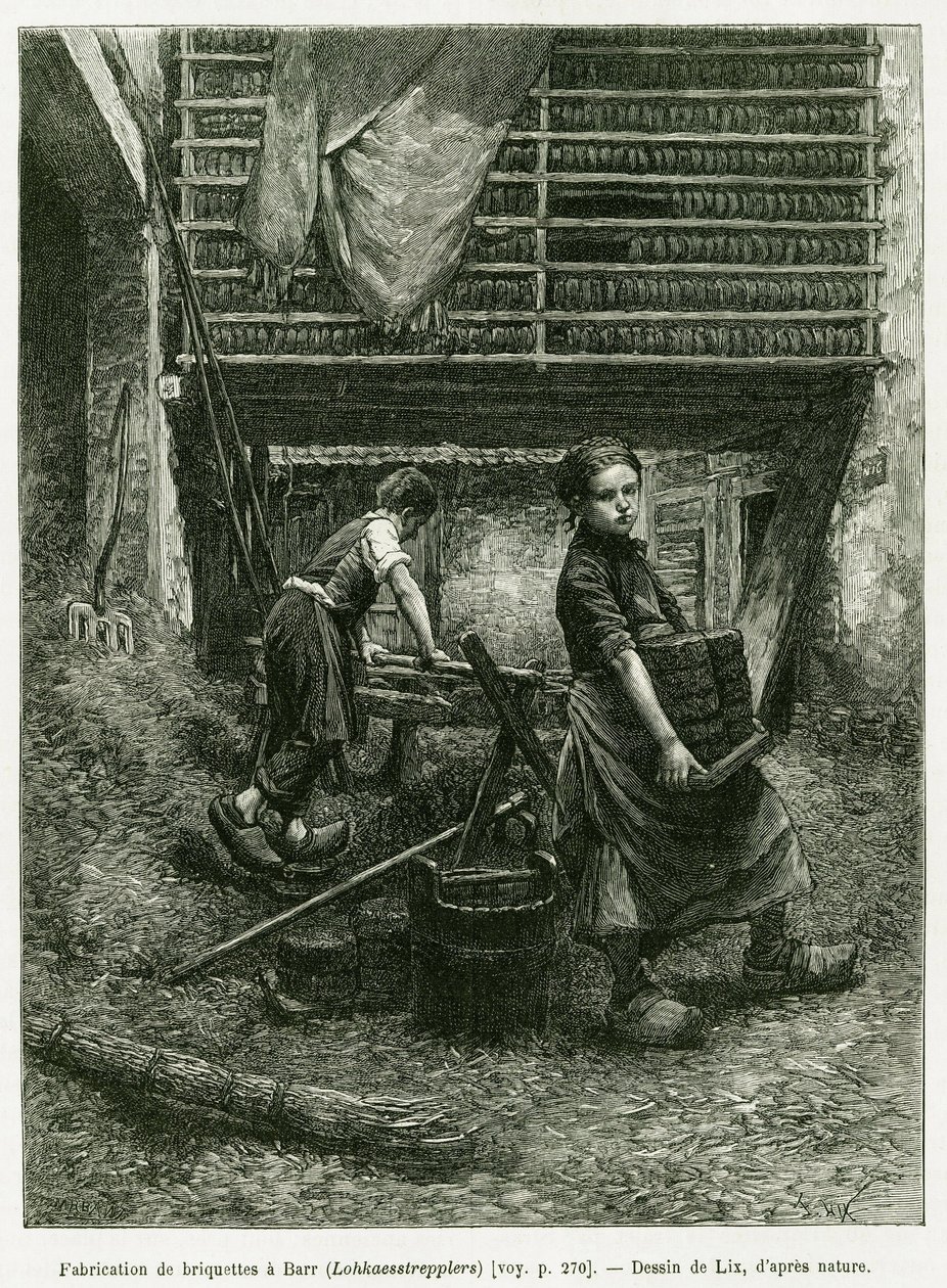 練炭製造の児童労働、バール。エドゥアール・シャルトン（1807-1890）が監督した1888年のツアー・デュ・モンドに参加したドイツ人代官シャルル・グラッドが1887年に行った「アルザスとロレーヌを通って」の物語を説明するためにリックスが描いたエングレーヴィング。 作： フレデリック・セオドア・リックス