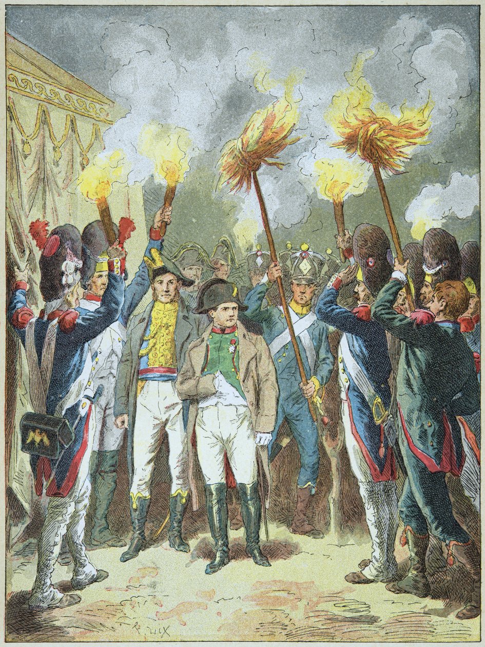 1805年、アウステルリッツの戦いの前夜、兵士たちに称賛される皇帝ナポロン1世。 作： フレデリック・セオドア・リックス