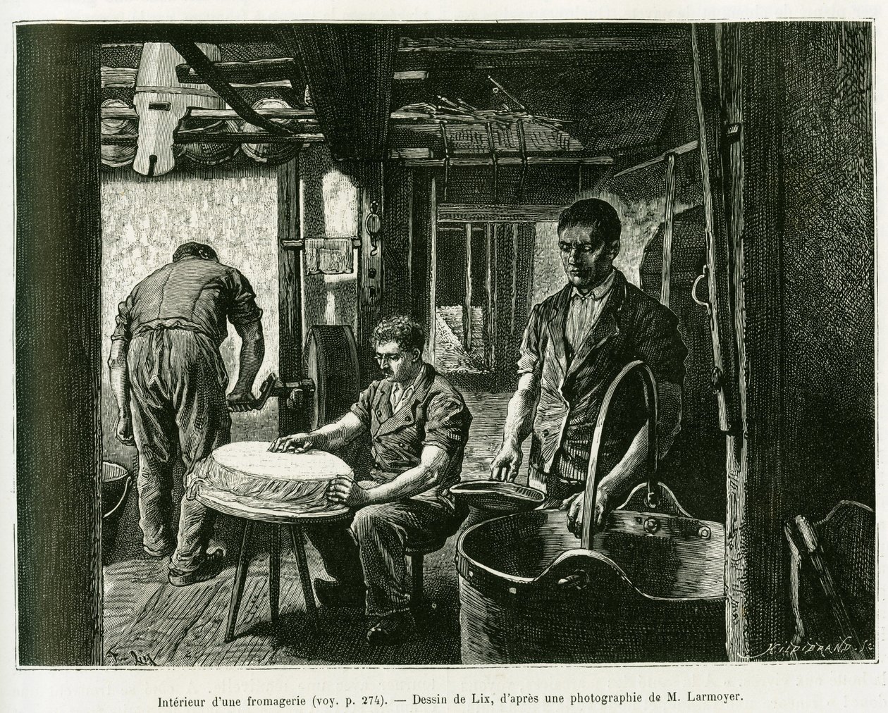 チーズ工場の内部。1885年にドイツ人旅行者シャルル・グラッドがアルザスとロレーヌ地方を旅行した際に、エドゥアール・シャルトン（1807-1890）の指揮の下、1887年のツアー・デュ・モンドに掲載された物語を説明するためにリックスが描いたもの。 作： フレデリック・セオドア・リックス