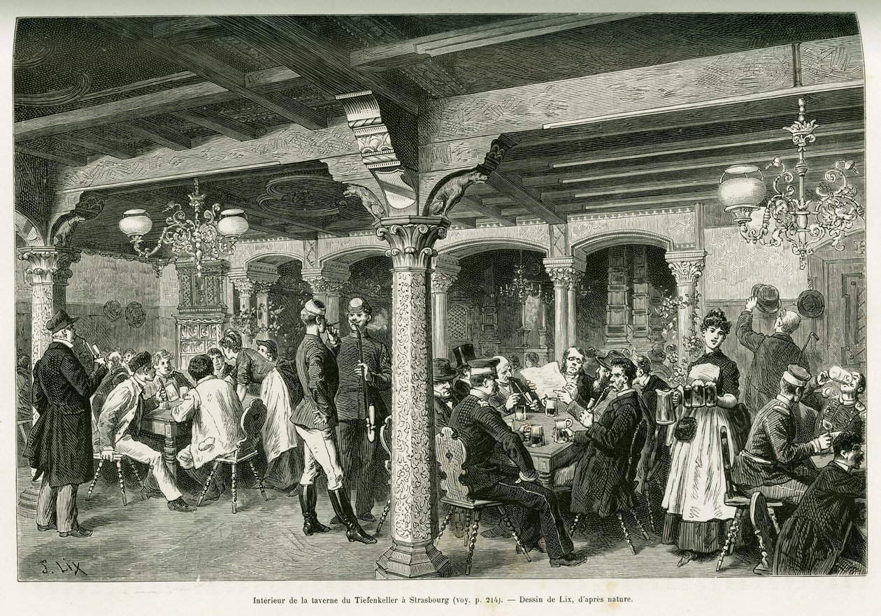 Innenansicht der Tiefenkeller-Taverne in Straßburg. Gravur von Lix zur Illustration der Geschichte „Durch Elsass und Lothringen“ von Charles Grad, veröffentlicht in Le Tour du monde 1888 von Frederic Theodore Lix