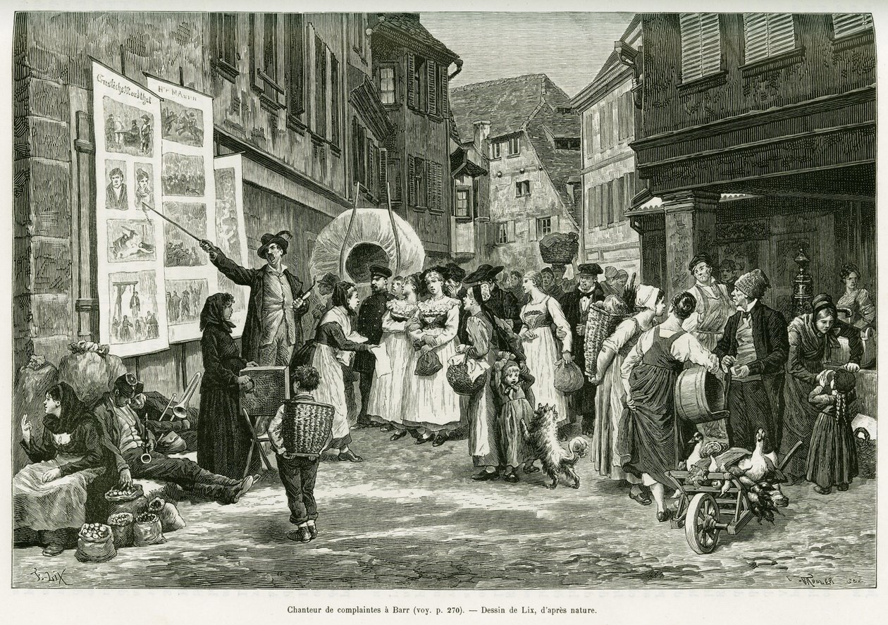 Klageliedersänger in den Straßen von Barr. Gravur von Lix zur Illustration der Geschichte „Durch Elsass und Lothringen“ von Charles Grad, veröffentlicht in Le Tour du monde 1888 von Frederic Theodore Lix