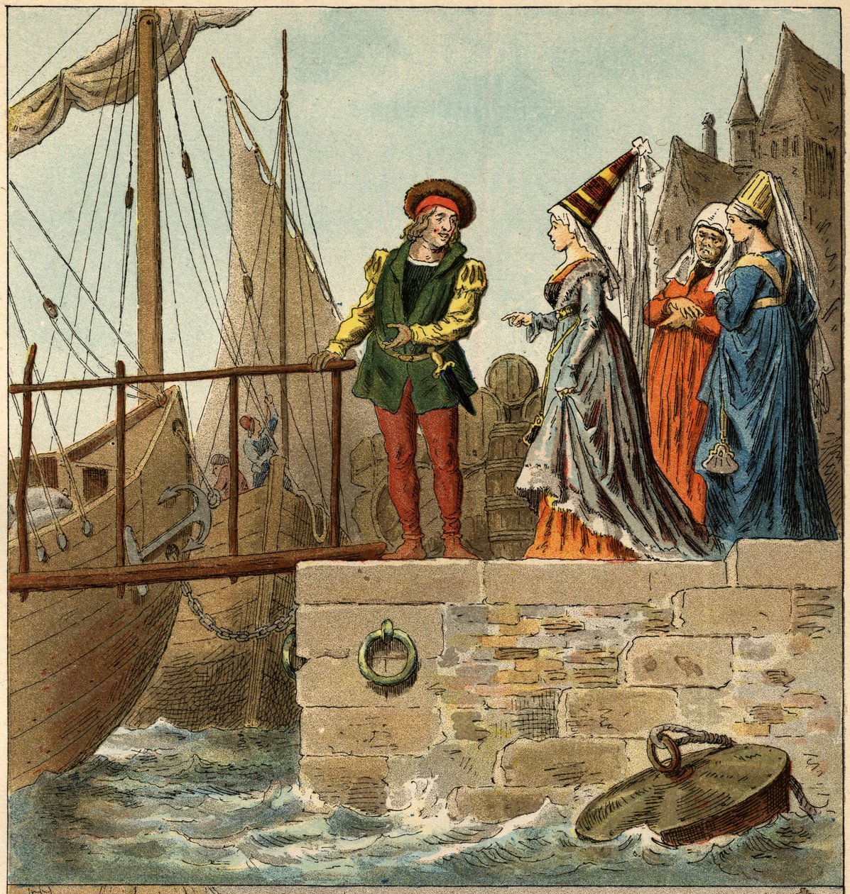 人気のある曲です。"A Nantes est arrive".フレデリック・セオドア・リックス（1830-1897）による "Chansons et rounds enfantines des provinces de la France "のイラスト（詳細）。 作： フレデリック・セオドア・リックス