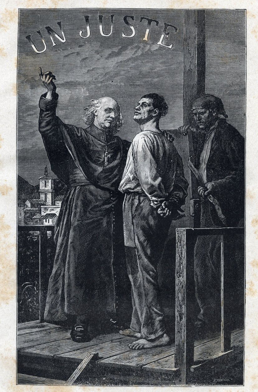 足場に登る死刑囚に付き添うイヴク・マリエル - Frederic Theodore Lix (1830-1897)による「The Miserables - First Part」のためのイラスト。ヴィクトル・ユーゴー（1802-1885）の「ファンティーヌ」1862年作 作： フレデリック・セオドア・リックス