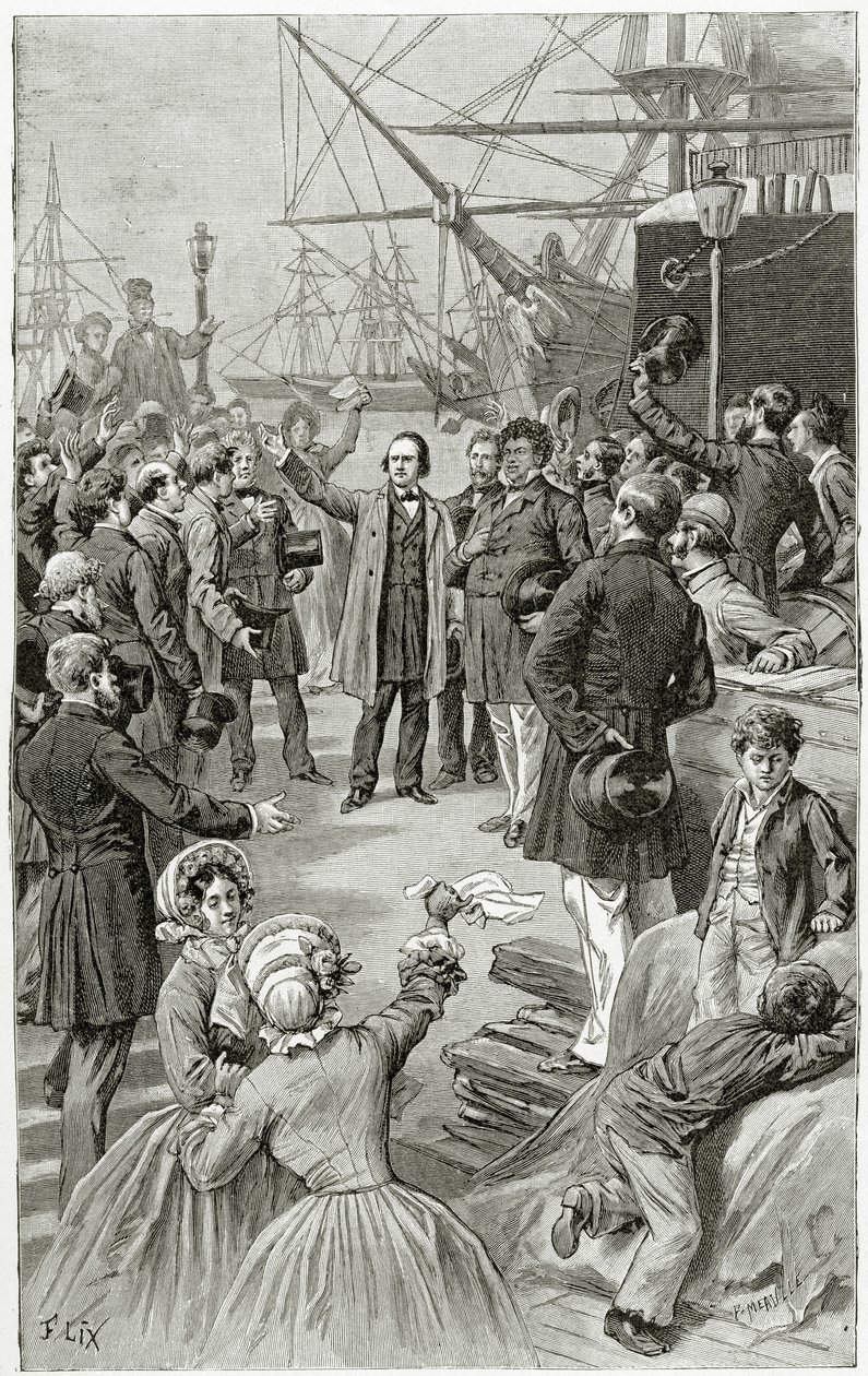 ヴィクトルユーゴーは、1852年8月1日、19世紀の亡命中の演説中に世界的な共和国を歓迎します（bw彫刻） 作： フレデリック・セオドア・リックス