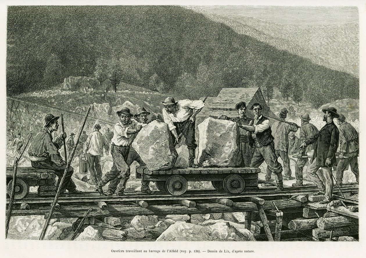 アルフェルド・ダムで働く労働者たち。エドワード・シャルトン（1807-1890）の指揮の下、1885年にドイツ人デピューター、シャルル・グラッドが「A travers l