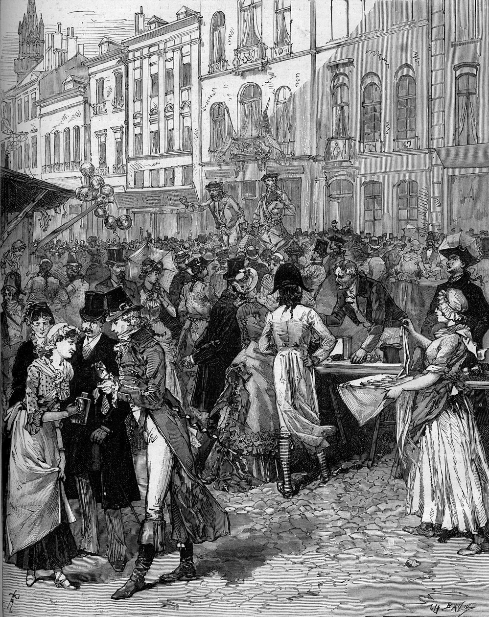 1792年のリール包囲戦を記念した歴史的祭典：18世紀のファッショナブルな住人たちと一緒に街の通りで行われたワトーの見本市（Braderie Watteau, great fair）。10月21日付の「Le Monde Illustré」1334号に掲載されたDe Haenenのエングレービング 作： フレデリック・デ・ヘネン