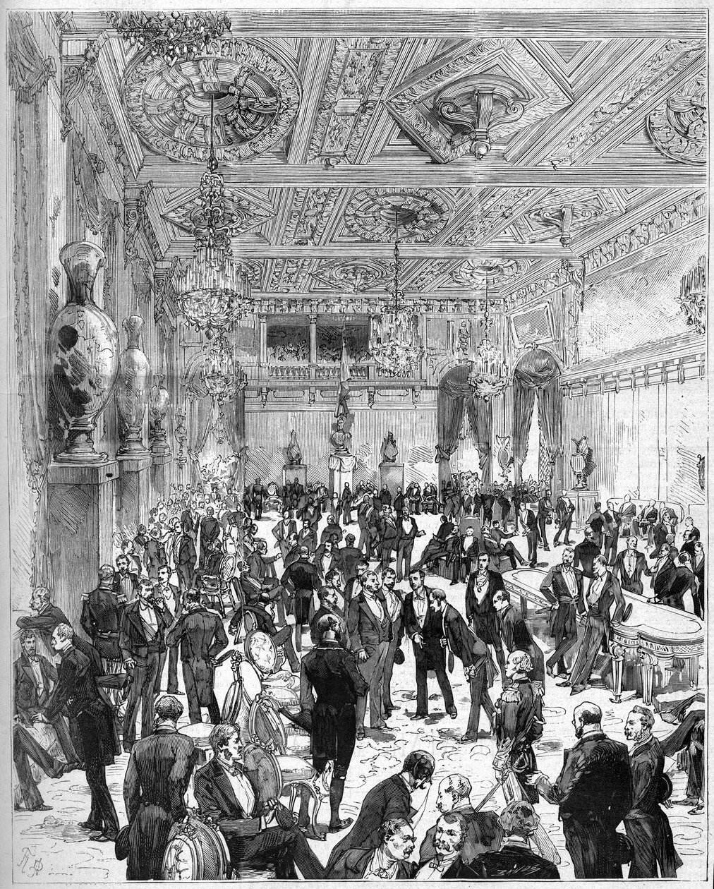 1882年7月14日、1871年の火災の後に再建されたパリ市立ホテルの落成式：ジュール・グレヴィ大統領（1807-1891）が到着した時の市議会の部屋の様子。De HaenenとDossoによるエングレーヴィング（7月22日付「The Illustrous World」1321号に掲載 作： フレデリック・デ・ヘネン