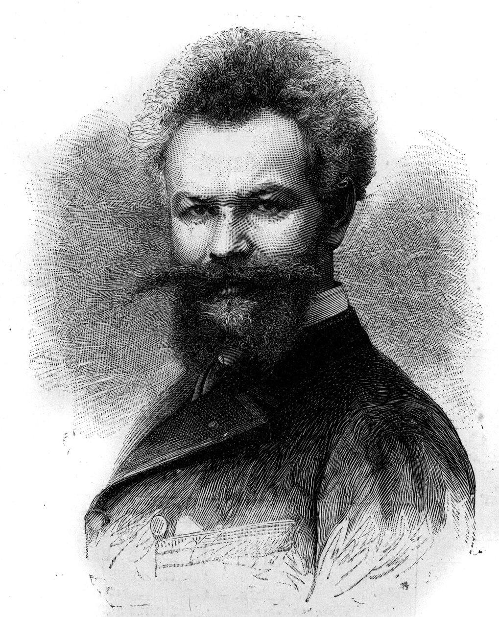 ハンガリーの画家Mihaly Munkacsy (1844-1900)の肖像。1882年4月8日付「Le Monde Illustré」1306号に掲載されたエングレーヴィング。 作： フレデリック・デ・ヘネン