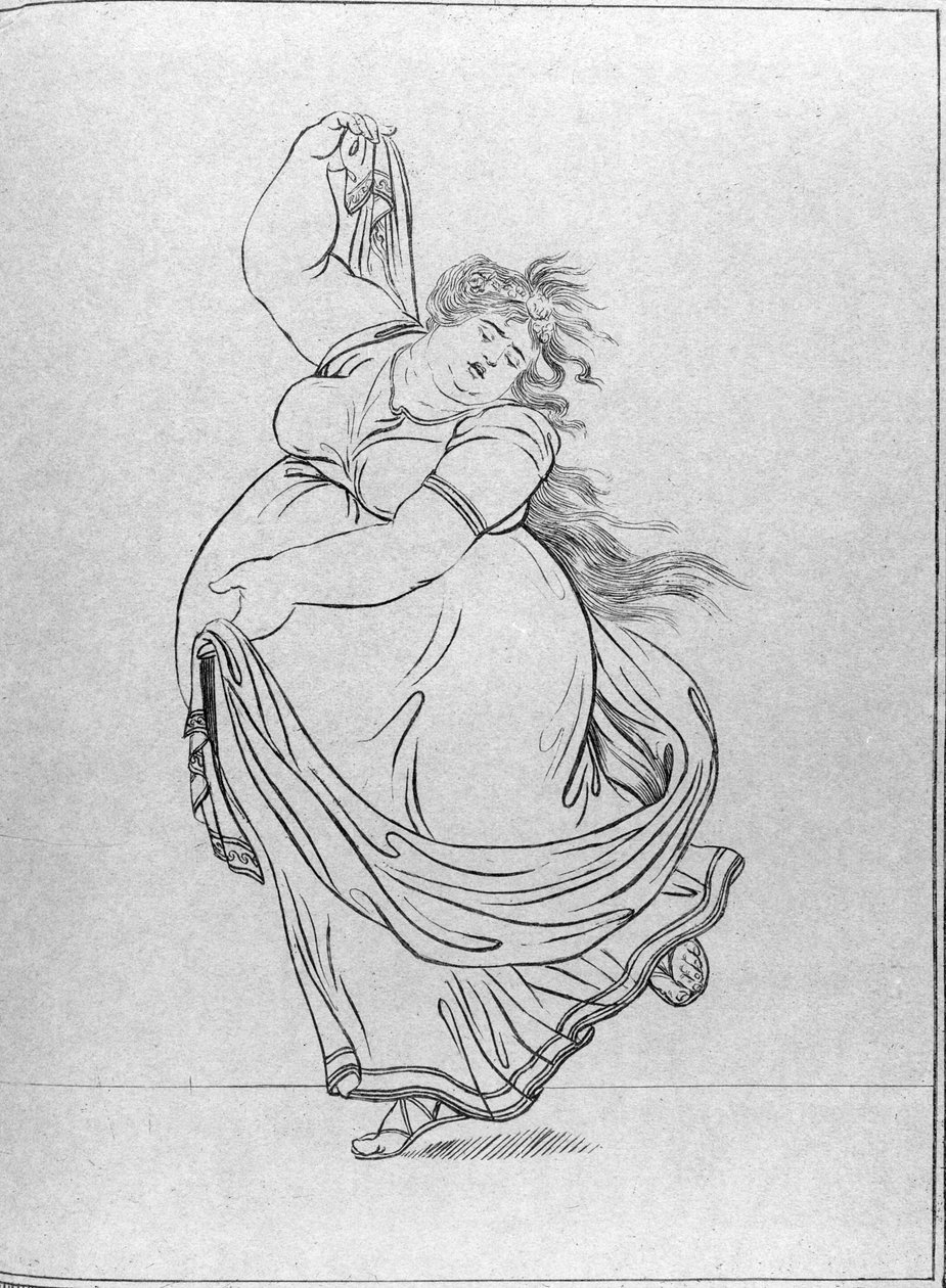 ハンズ・ハンフリー発行のジェームズ・ギルレイ（1757-1815）による、ハミトン夫人の「態度」のかなり拡大された新版のダンスのミューズ、プレートVI、1807（青い紙にエッチング） 作： フレデリッヒ・レーベルク