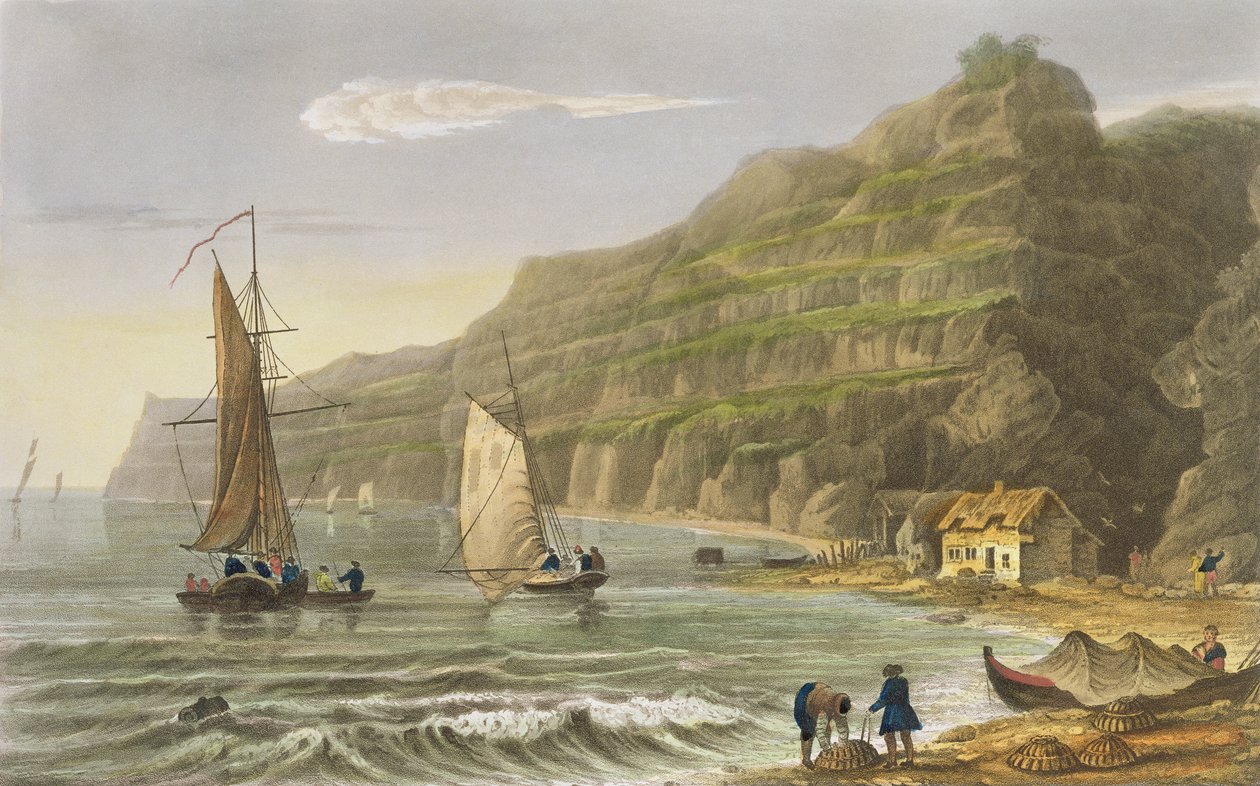 P.ロバーツによって刻まれた「ワイト島の図解、一連のカラービュー」のシャンクリンベイ、1846年発行（アクアチント） 作： フレデリック・カルバート