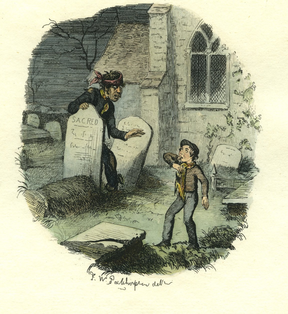 ピップと囚人、大いなる期待、1885年頃（手描きのエッチング） 作： フレデリック・W・ペイルソープ