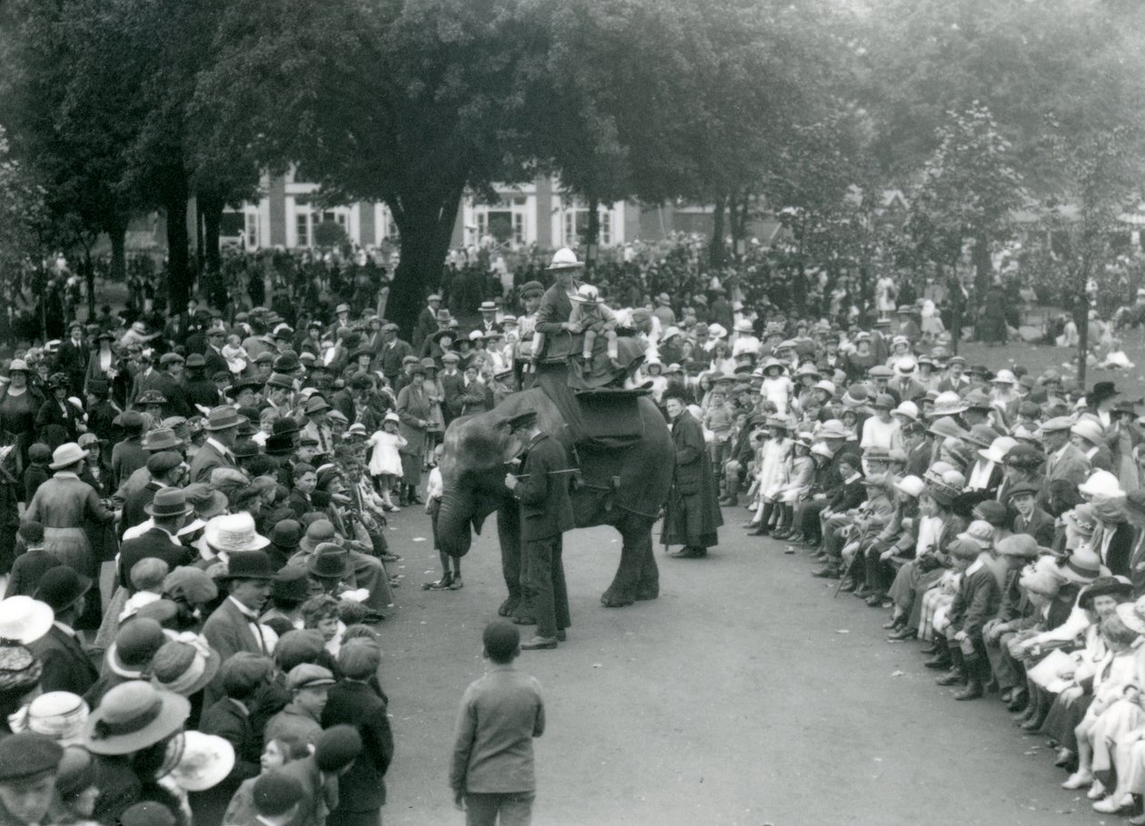 1922年8月の銀行休業日、ロンドン動物園で象の乗馬を観戦する観衆 作： フレデリックウィリアムボンド