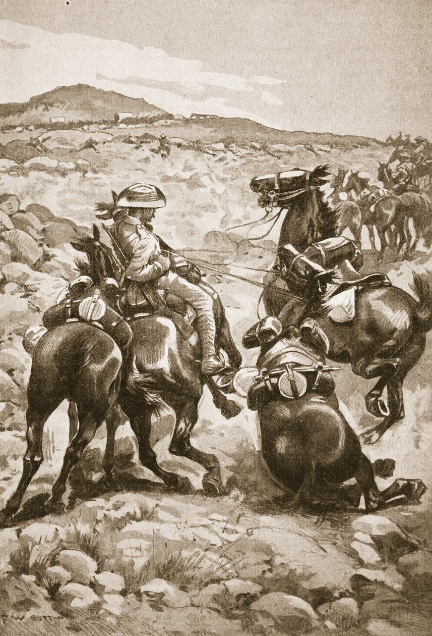 De Wetのかかと：ワゴン列車を攻撃する歩兵の騎士、「19世紀の戦い：Vol。 VII、ボーア戦争1900〜1901年、アーチボルドフォーブス、GAヘンティ、メジャーアート 作： フレデリック・ウィリアム・バートン