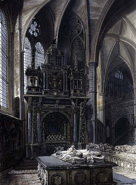 聖エラスムス礼拝堂の東側、J. Bluck (fl.1791-1831) が彫った「Westminster Abbey」の第44版、Rudolph Ackermann (1764-1834) が1812年に出版したもの（アクアチント）。 作： フレデリック（後）マッケンジー