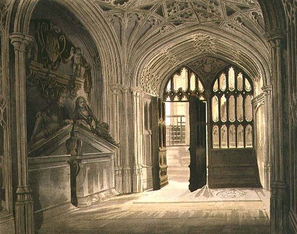 イスリップ・チャペル、「ウェストミンスター寺院」のプレートU、J.Bluck（fl.1791-1831）の彫刻、Rudolph Ackermann（1764-1834）が1812年に出版した（アクアチント）。 作： フレデリック（後）マッケンジー