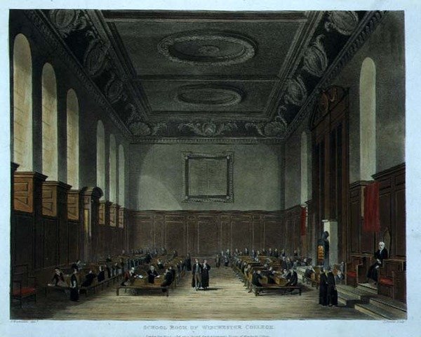 ウィンチェスター・カレッジの教室（「History of Winchester College」より）、「History of the Colleges」の一部、Joseph Constantine Stadler (fl.1780-1812)による彫刻、R. Ackermannによる出版。 作： フレデリック（後）マッケンジー