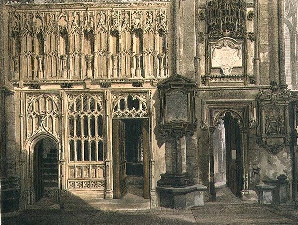 J. Bluck (fl.1791-1831) が彫った『ウェストミンスター寺院』のプレートP「アボット・イスリップ礼拝堂のスクリーンと聖エラスムス礼拝堂への入り口」、Rudolph Ackermann (1764-1834) が1812年に出版したアクアチント。 作： フレデリック（後）マッケンジー