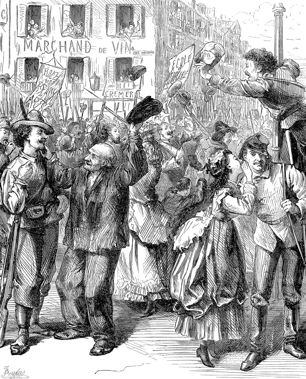パリの防衛：バリケードを制圧する学生、日仏戦争、1870年 作： フレデリック・バーナード