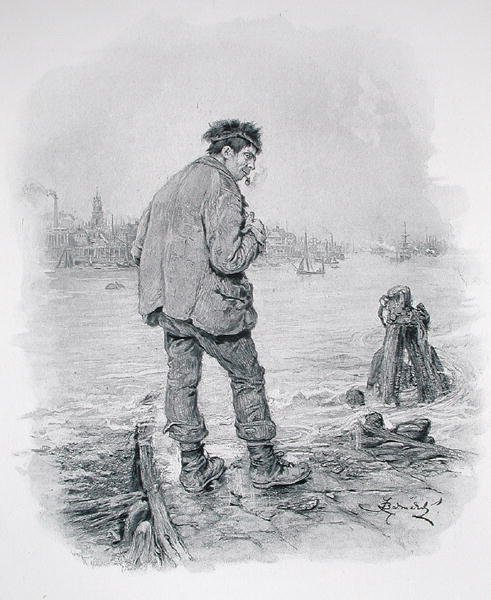 ライムハウス・ホールでのローグ・ライダーフッド（「Charles Dickens:トーマス・アーチャー著「チャールズ・ディケンズ：彼の人生についてのゴシップ」（1894年頃出版）より（リトグラフ 作： フレデリック・バーナード
