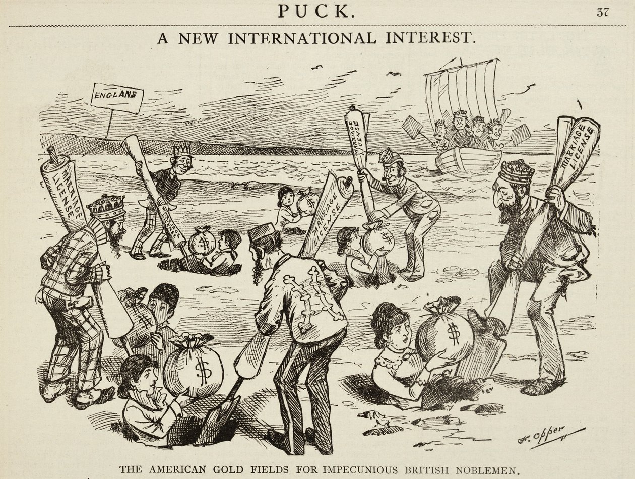 「一族のイギリス貴族のためのアメリカの金の原」を描いた漫画、1880年 作： フレデリック・バー・オッパー