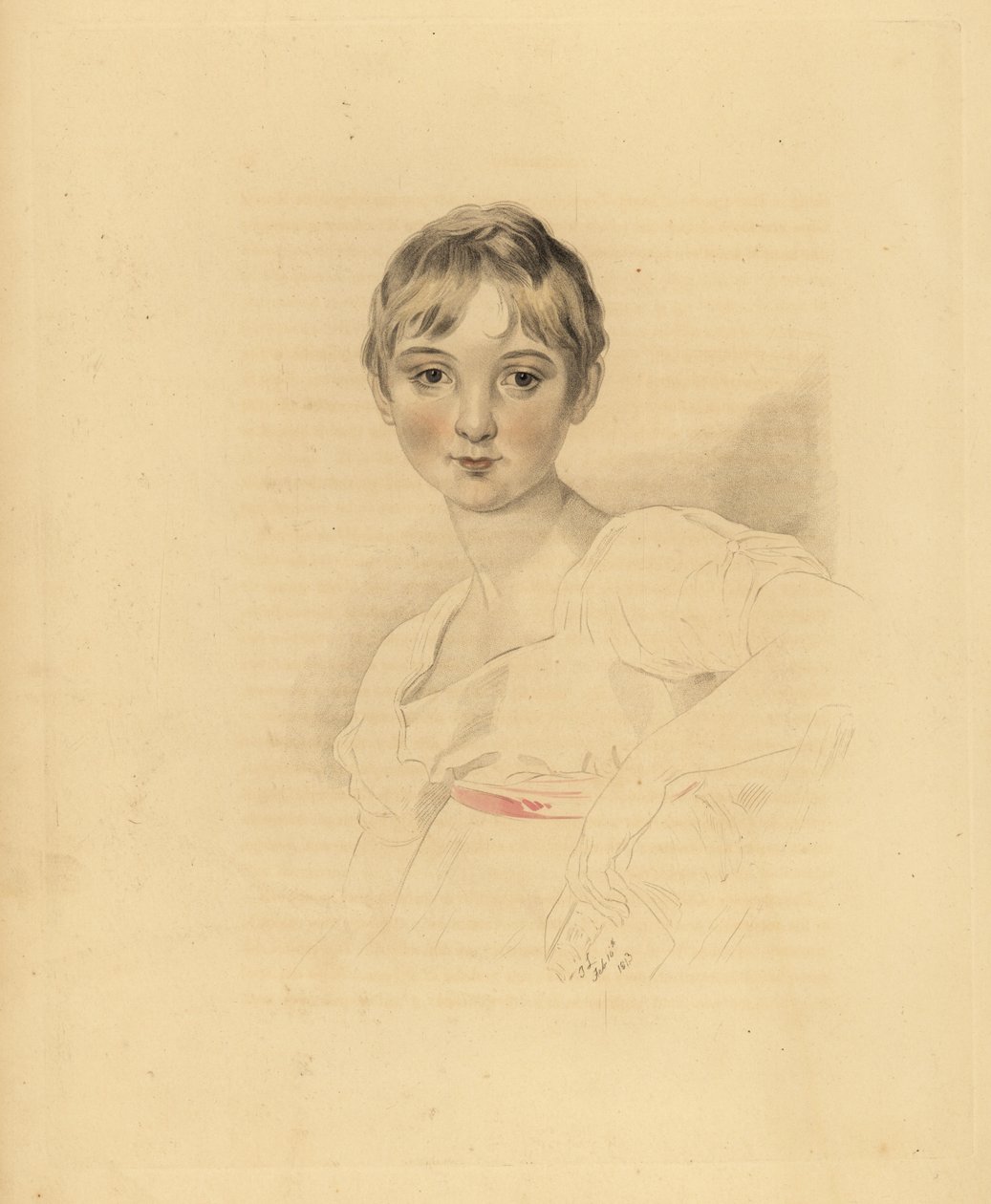 Porträt von Lucy Meredith, Nichte von Sir Thomas Lawrence. Junges Mädchen im weißen Kleid mit rosa Schleifenband. Handkolorierte Gravur von Frederick Christian Lewis nach einer Illustration von Sir Thomas Lawrence aus P.G. Patmore