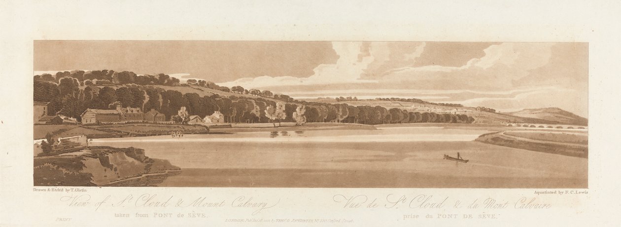 1802 年にセベ橋から撮影した聖クラウドとカルバリー山の眺め。 パリの景色からのプレート 18、プレート B1981.25.2627 のエマニュエル ボリューム トレース 作： フレデリック・クリスチャン・ルイス・ザ・エルダー