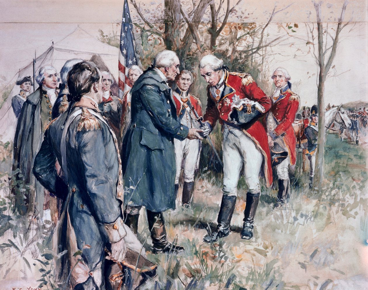 アメリカ独立戦争（1775年～1783年）：1777年、サラトガでのジョン・バーゴイン将軍（1722年～1792年）の降伏 - イラスト：F.C.ヨーン（フレデリック・コフェイ・ヨーン）（1875年～1933年） 作： フレデリック・コファイ・ヨーン