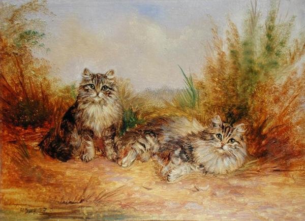 田園風景の中の2匹のタビーの子猫（油彩・ボード） 作： フレデリック・フレンチ