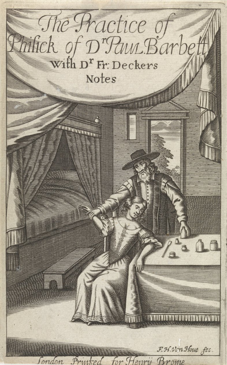 医者, ∥で∥, 若い女性, 中に, ∥, 内部 タイトルページ: Dekkers, F., The Practice of Phisick of Dr. ポール・バーバラ 作： フレデリックヘンドリックヴァンデンホーブ