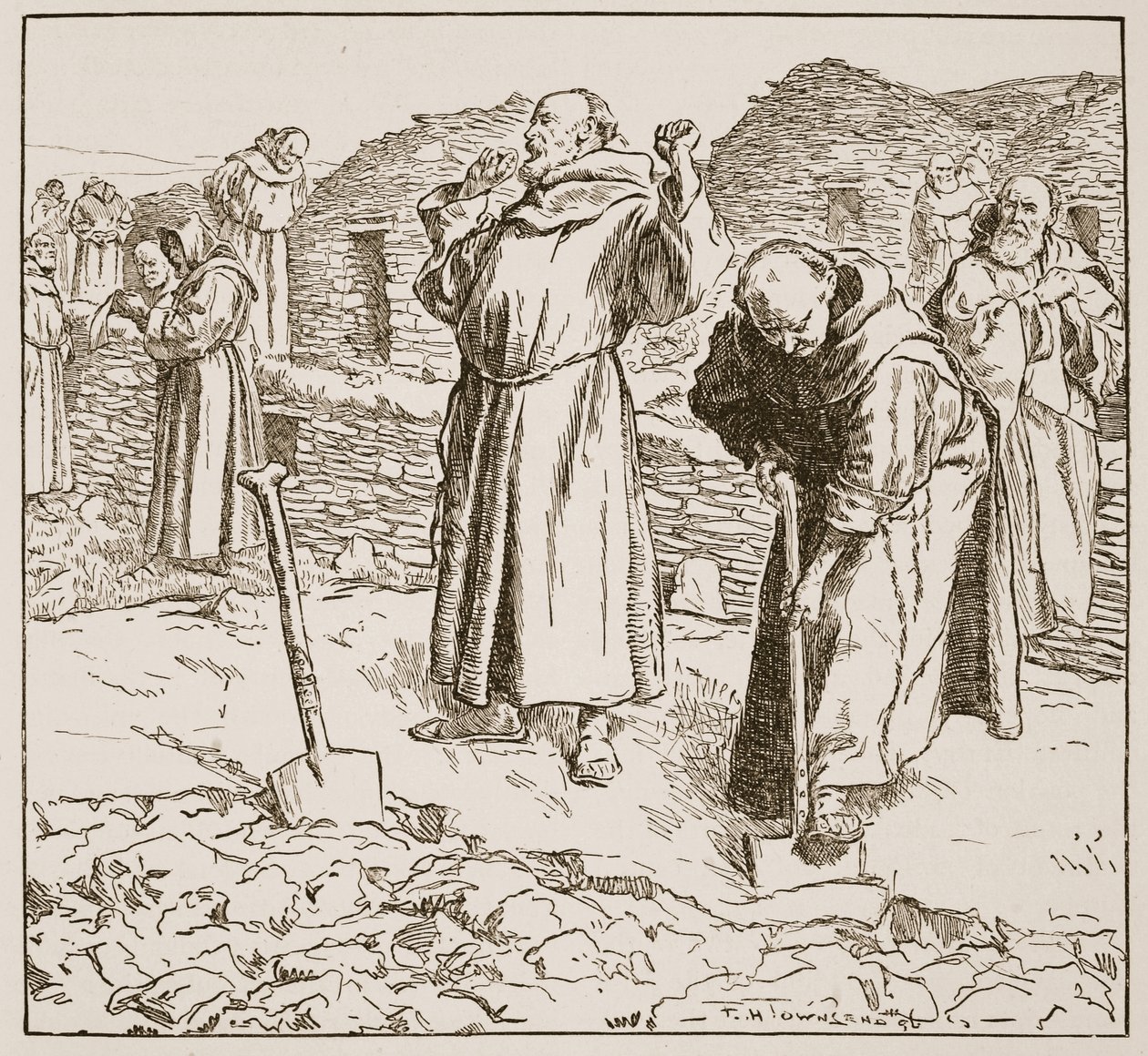 修道院の牧畜、「The Church of England:1910年頃に出版されたH.D.M. Spence-Jones著「The Church of England: A History for the People」のイラスト（リトグラフ）（セピア色の写真 作： フレデリック・ヘンリー・タウンゼント