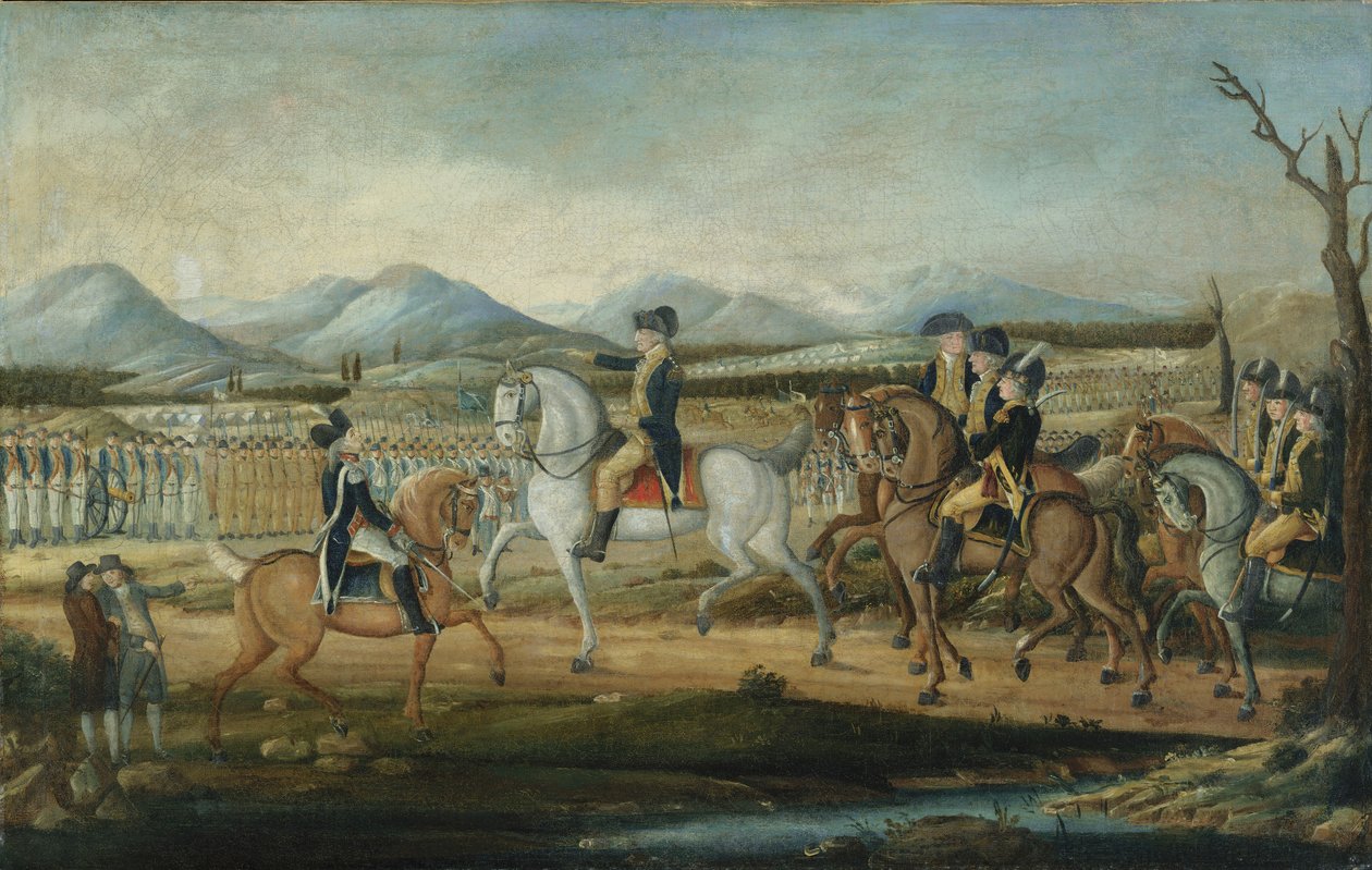 ワシントンは、1795年にメリーランド州フォートカンバーランドで西軍を検討しました。 作： フレデリック・ケンメルマイヤー