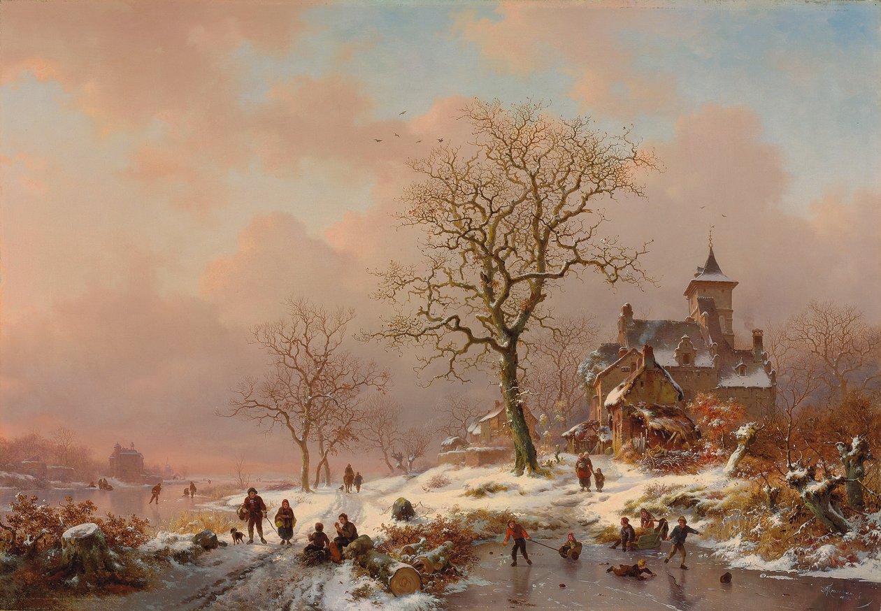 氷の上で遊ぶ人物のいる冬の風景、1868