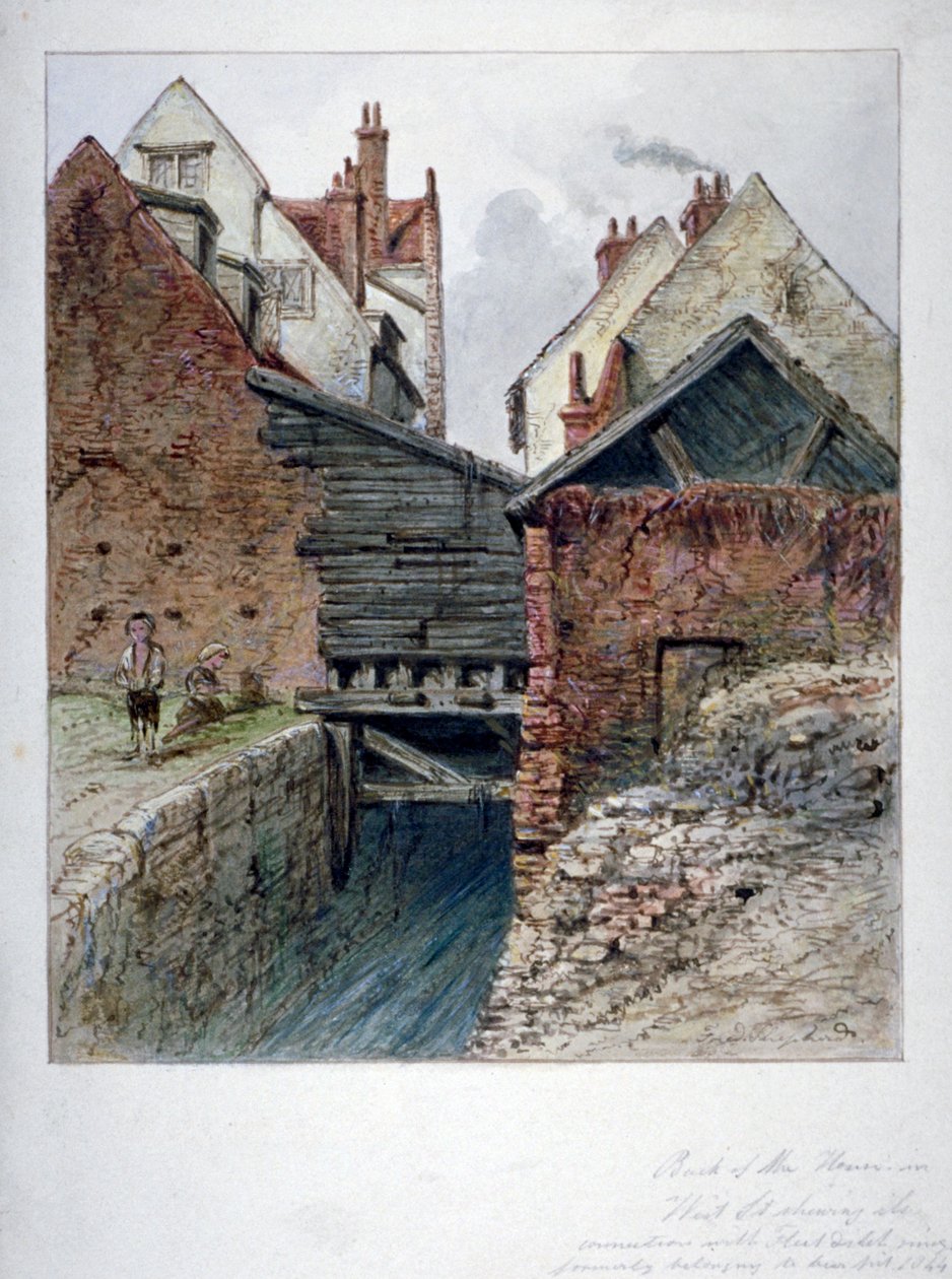 1844 年、シティ オブ ロンドンのフリート ディッチを示す、チック レーンの家の裏の景色 作： フレデリックナポレオンシェパード