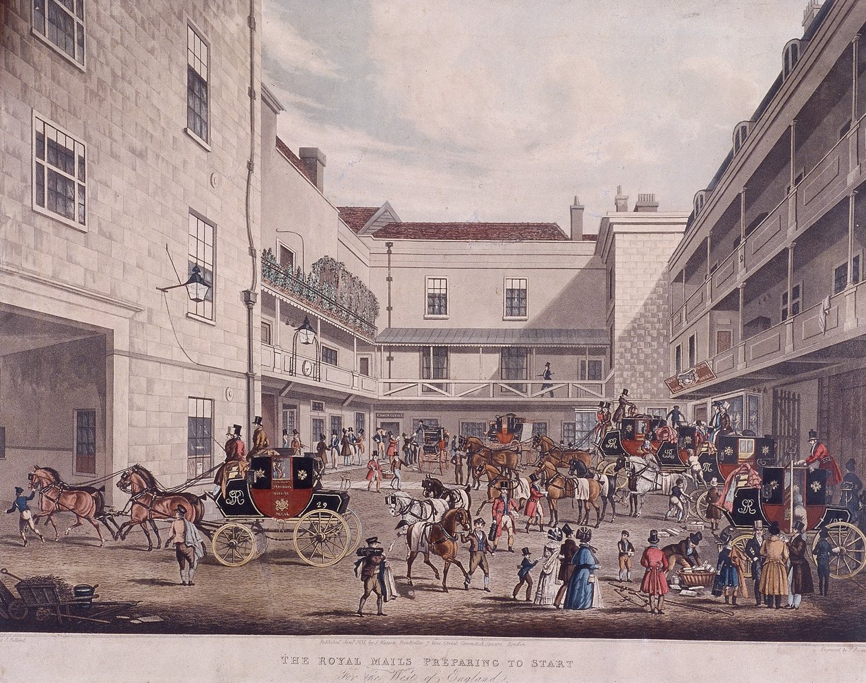 1831 年、ロンドン、ラッド レーンのロイヤル メール コーチ 作： フレデリック・ローゼンバーグ