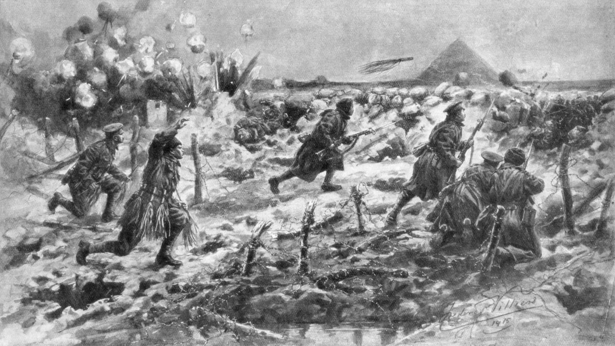 1915 年 3 月 10 日、フランス、ヌーヴ シャペルでの銃剣と手榴弾を使用したイギリス軍の攻撃。 作： フレデリック・ヴィリアーズ