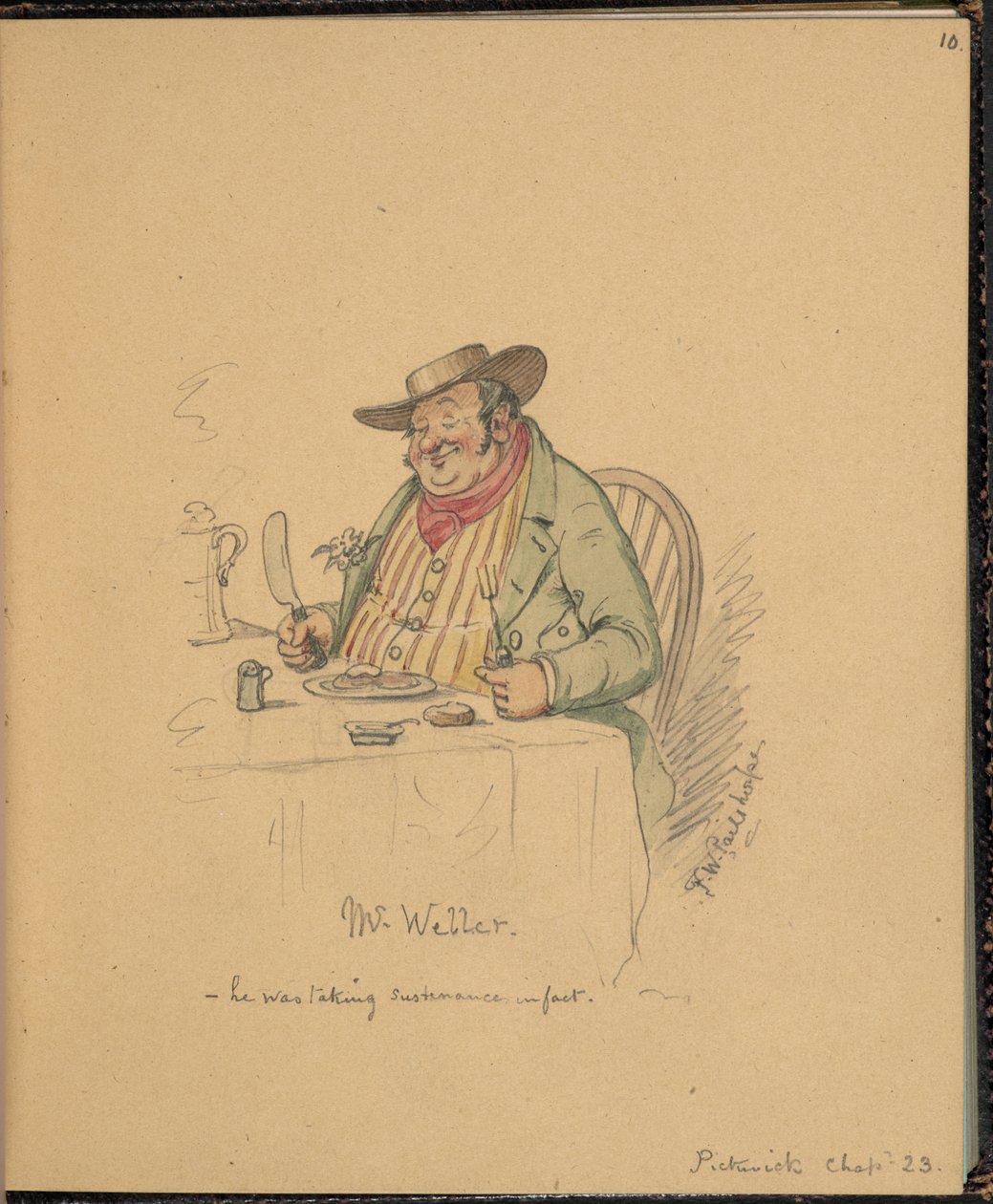 F. 10: Pickwick Papers のシーン、ウェラー氏、「チャールズ ディケンズの物語のシーンを含むスケッチ ブック」から (紙に鉛筆と水彩) 作： フレデリック・W・ペイルソープ