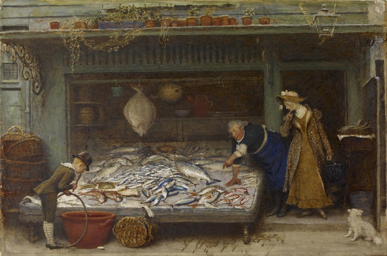 フィッシュモンガーズショップ、1873年（紙にトイレ） 作： フレデリック・ウォーカー