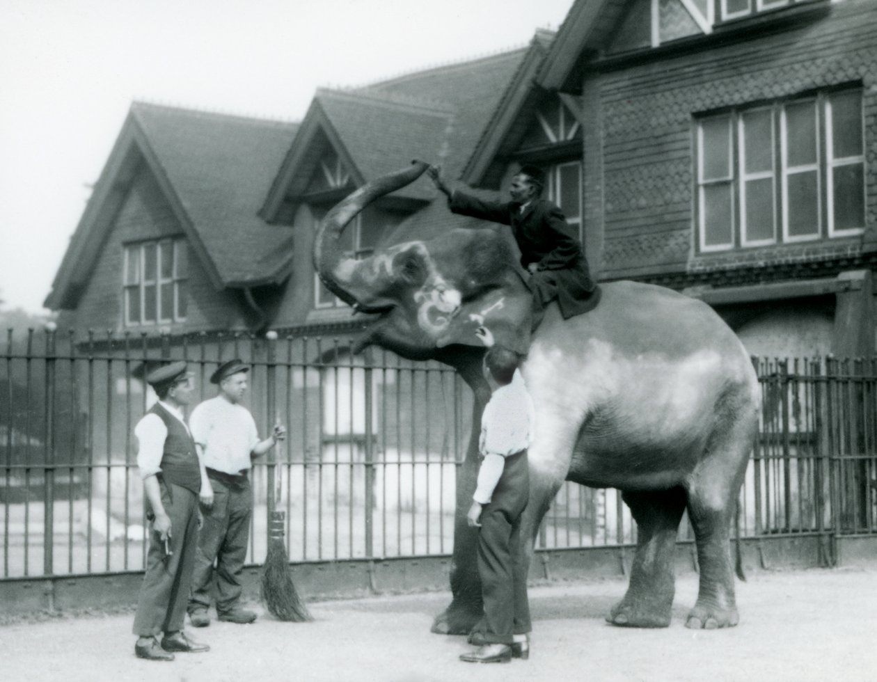 1927年にロンドン動物園のエレファントハウスの外にいる、3人の飼育係とトレーナーがいる、装飾が施されたインド象 作： フレデリックウィリアムボンド