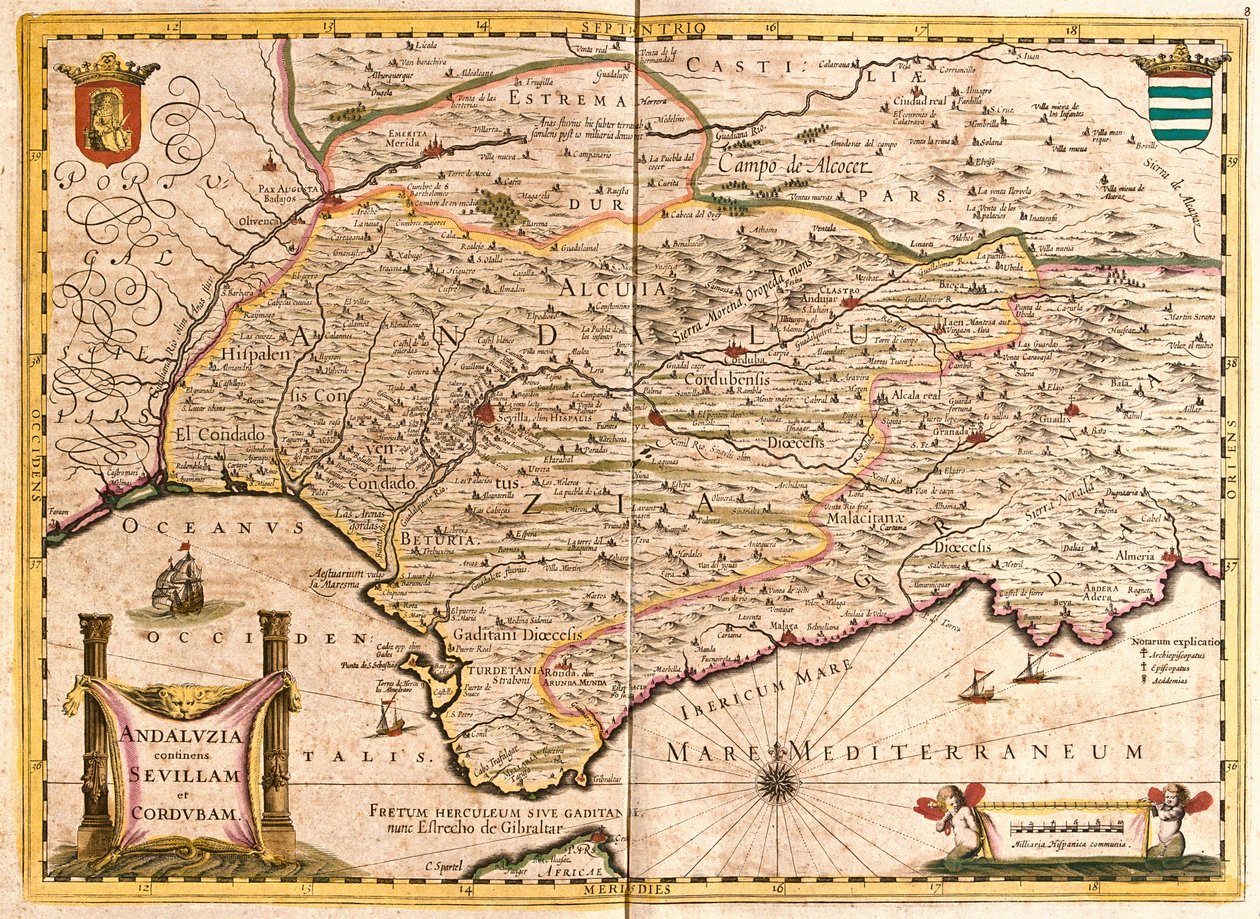セビーリャとコルドバを含むアンダルシアの地図（スペイン）（銅版画 作： フレデリック・デ・ウィット