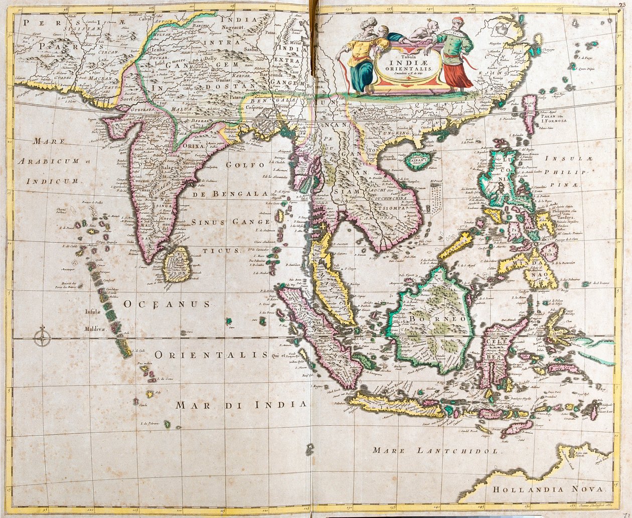 東インドの地図（南・東南アジア。パキスタン、インド、ネパール、バングラデシュ、ビルマ、スリランカ、タイ、マレーシア、ベトナム、カンボジア、ラオス、フィリッピン、シンガポール、インドネシア）（エッチング 作： フレデリック・デ・ウィット