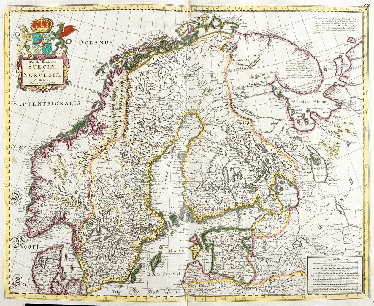 スウェーデンとノルウェーの地図（エッチング 作： フレデリック・デ・ウィット