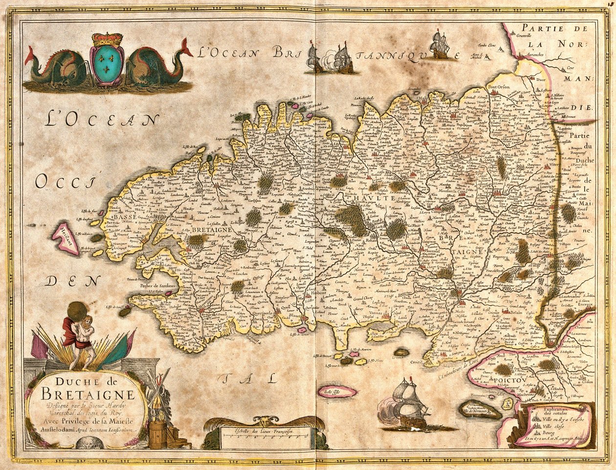 ブルターニュ公国（フランス）の地図（銅版画 作： フレデリック・デ・ウィット