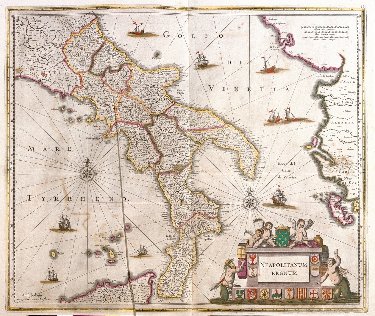 ナポリ王国（イタリア）の地図（銅版画 作： フレデリック・デ・ウィット