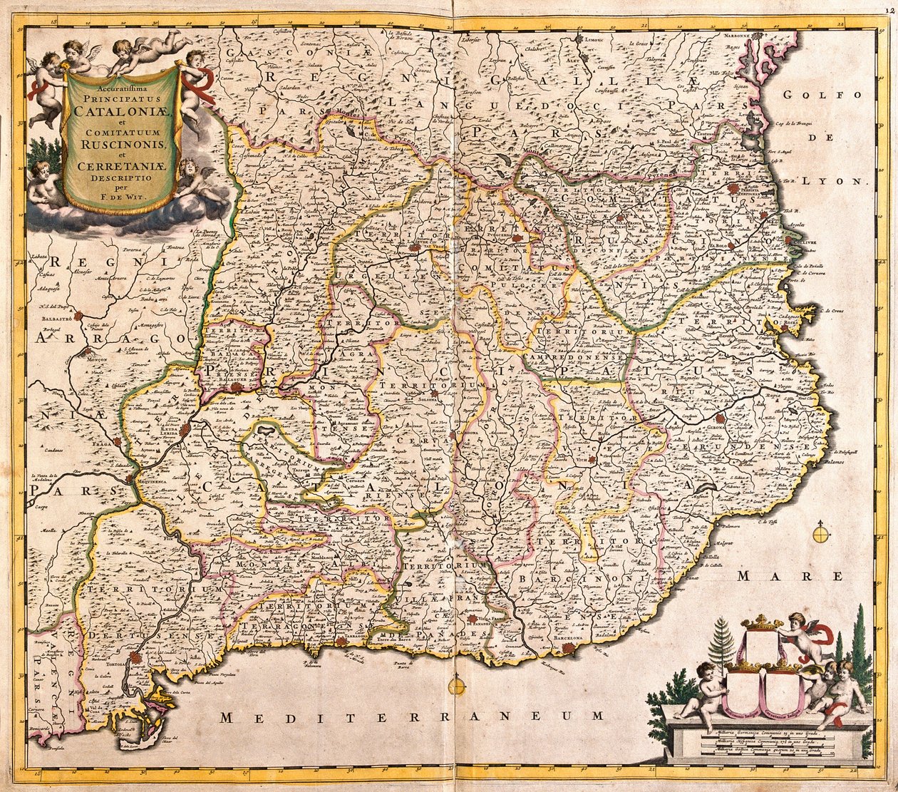 カタルーニャ公国（スペイン）の地図（銅版画 作： フレデリック・デ・ウィット