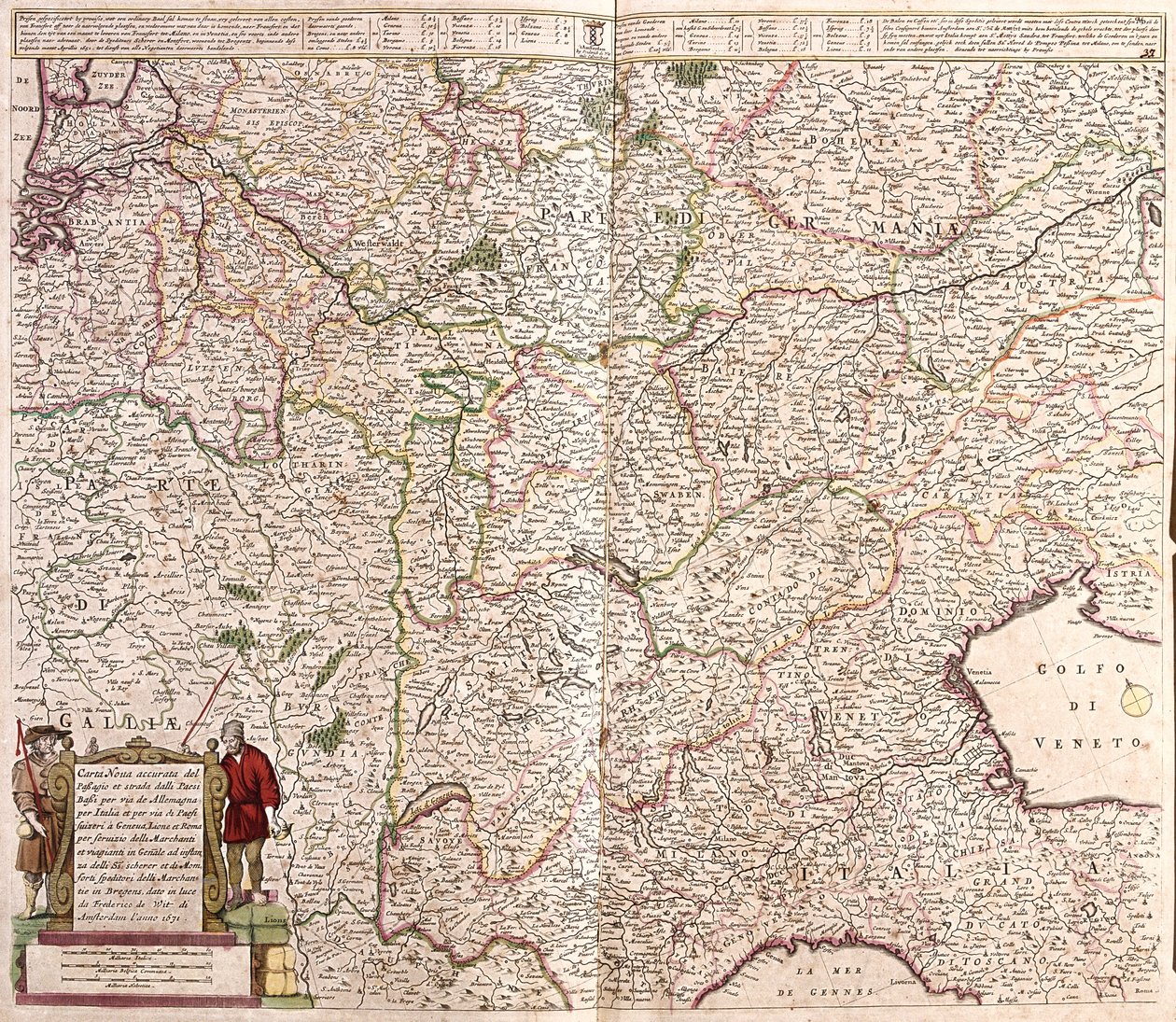 アルプス山脈の連なりの地域の地図（フランス、イタリア、ドイツ）（銅版画 作： フレデリック・デ・ウィット