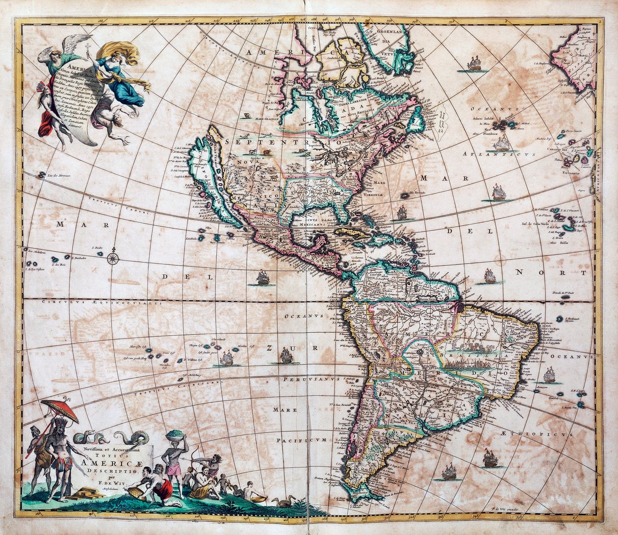 Novissima et totius Americae accurate descriptio、フレデリック・デ・ウィット（1629または1630-1706）によるアメリカ大陸と太平洋の地図、アムステルダム 作： フレデリック・デ・ウィット