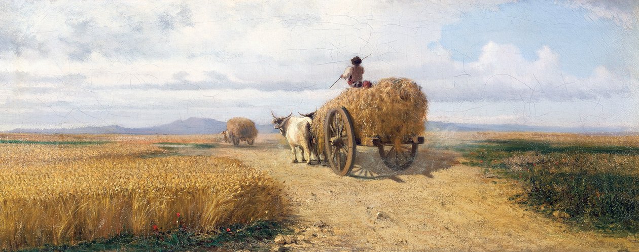 小麦畑、1868年頃、フェデリコ・ロサーノ（1835-1912）の絵画、油彩、キャンバス、30x73 cm 作： フレデリコ・ロッサーノ