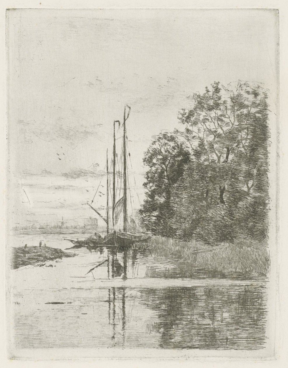 2 隻の船とはしけのある川の景色。 作： Fredericus Jacobus van Rossum du Chattel（アーティストによる署名）