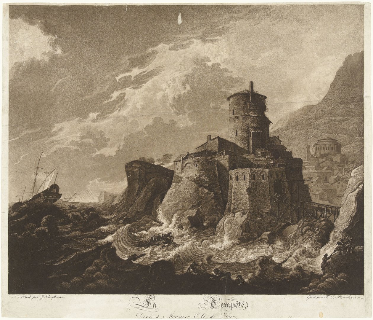 岩の多い海岸の城と海の嵐の中の船 La Tempête (オブジェクトのタイトル) 作： フレデリク・クリスティアン・ビアワイラー